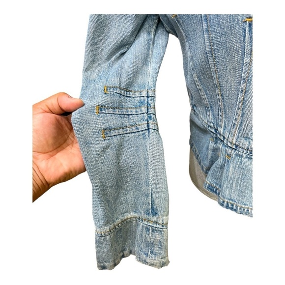 Boston Proper Denim Jean Jacket. Size 8. Brass button detail. Cropped. Gathered - Picture 5 of 13
